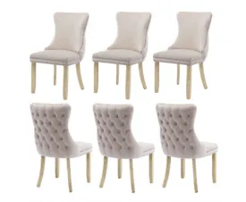 6x Velvet Upholstered Dining Chairs Tufted Wingback Side Chair with Studs Trim Solid Wood Legs for Kitchen