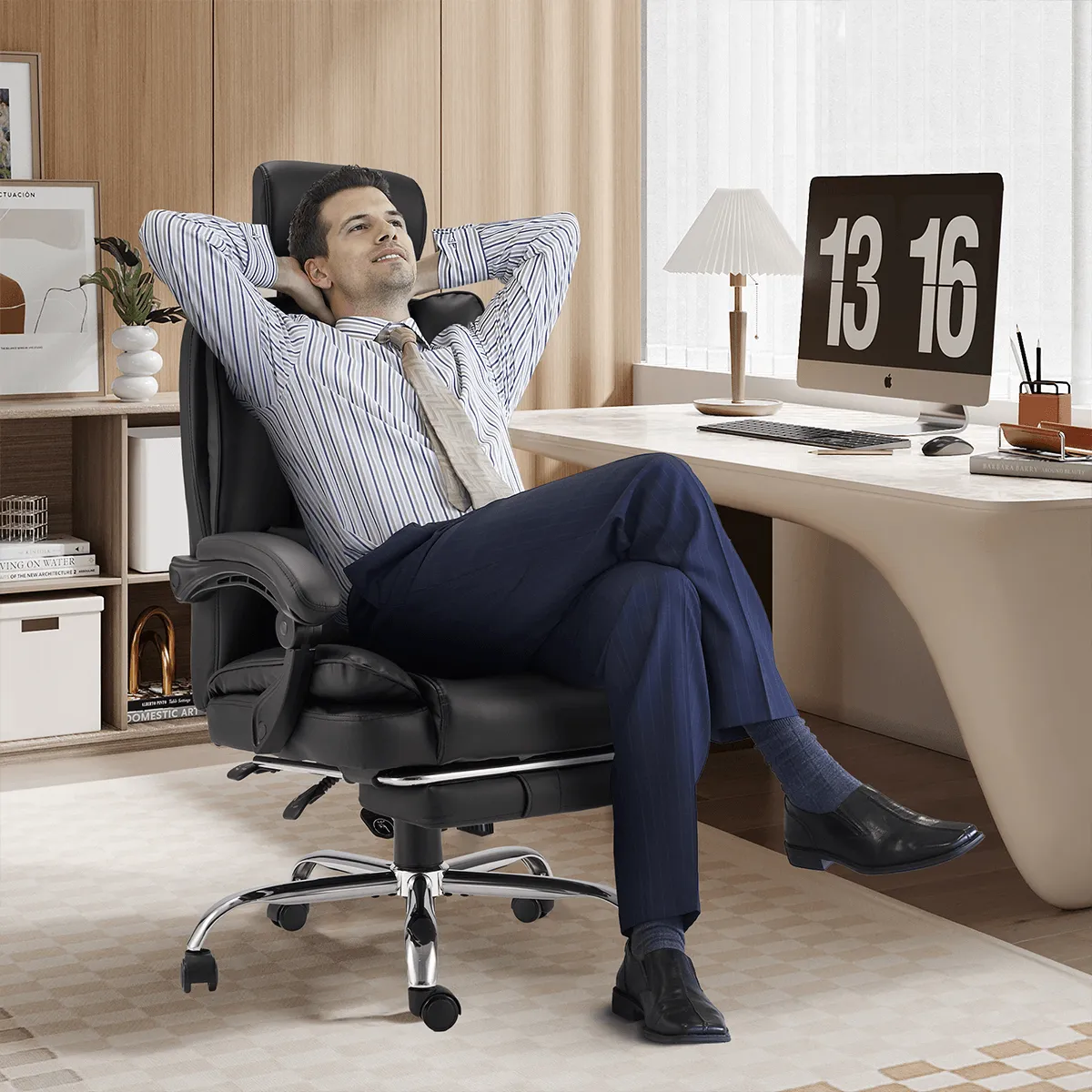 Executive Reclining Adjustable Headrest Office Chair with Footrest Black